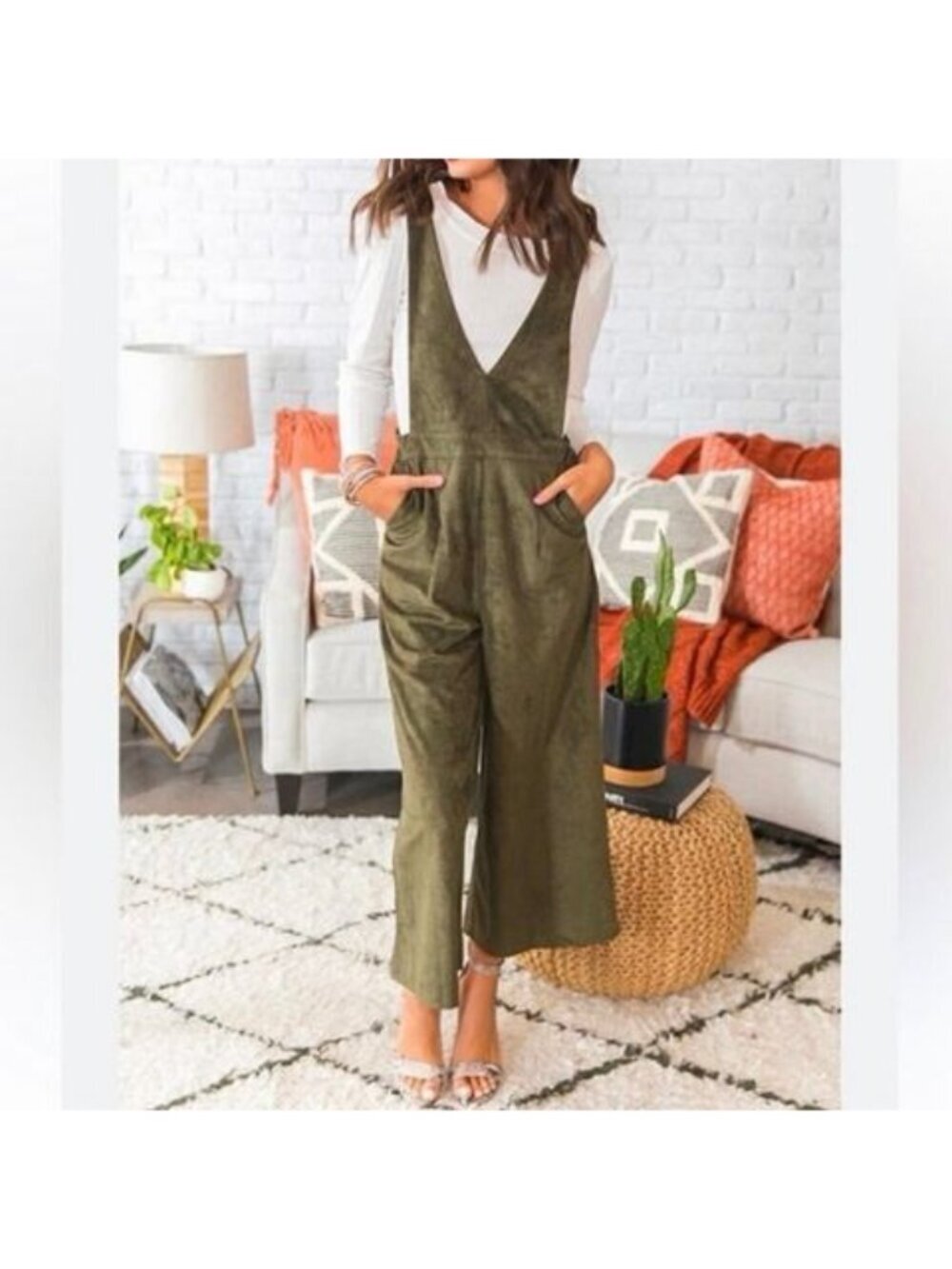 Very J Olive Green Faux Suede Wide Leg Jumpsuit Sleeveless V Neck Medium